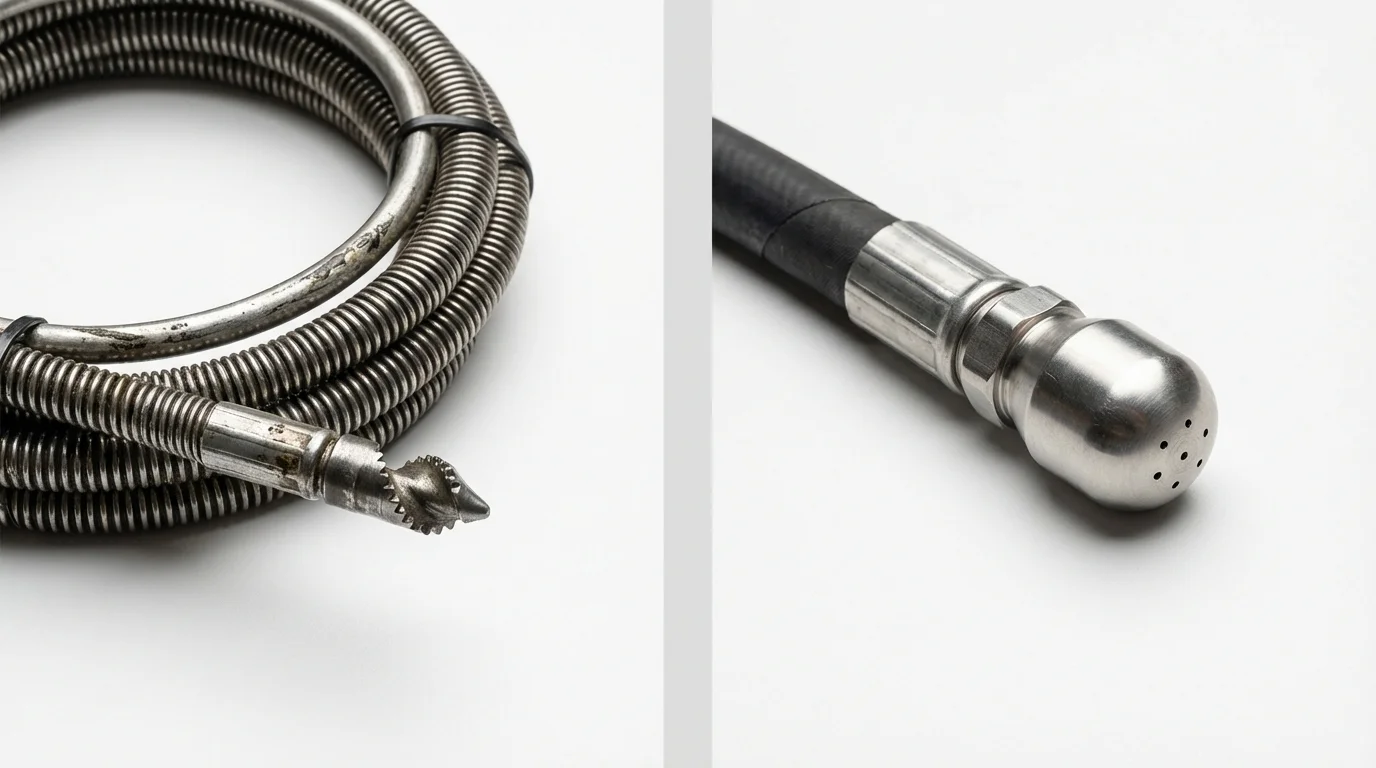 Drain snake cable and hydro jetting nozzle used for drain cleaning in Greenville, AL