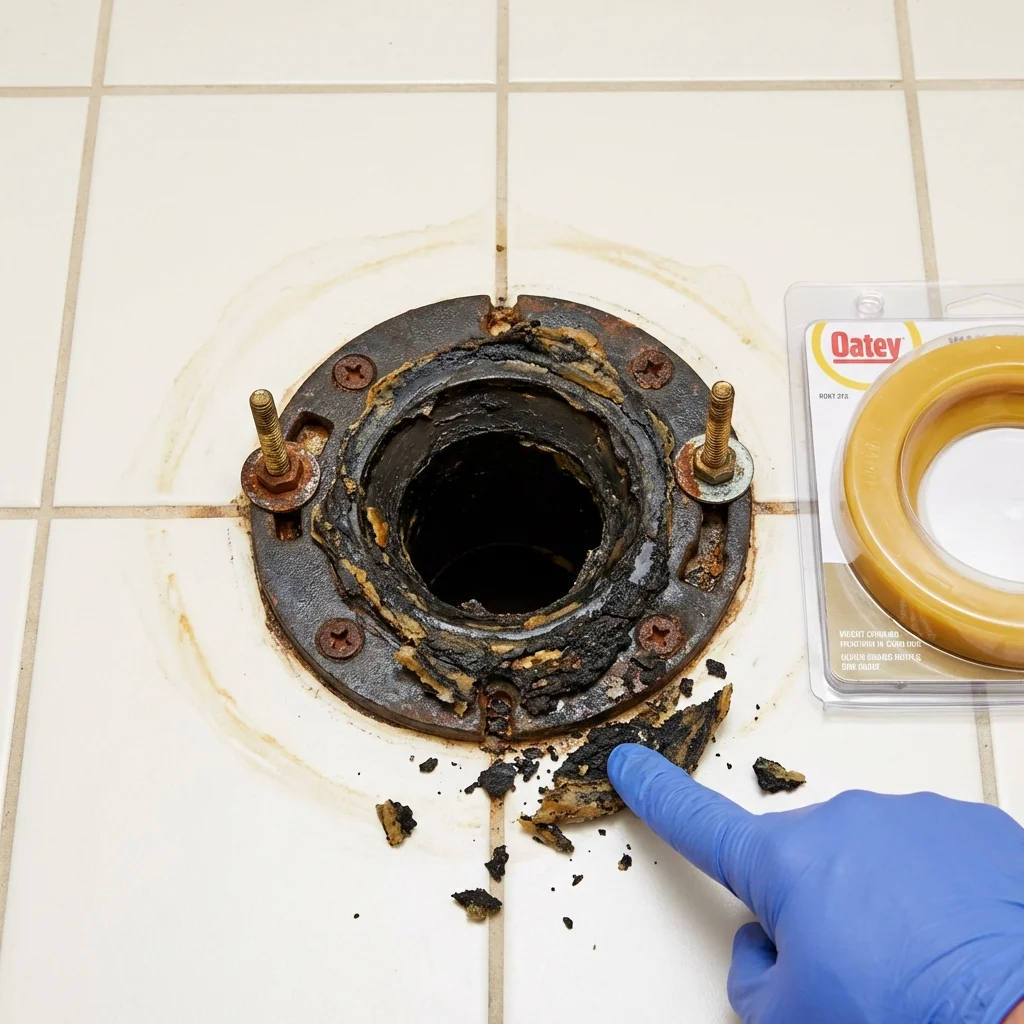 Failed wax ring showing water seepage at the base of a toilet in a Greenville, AL home