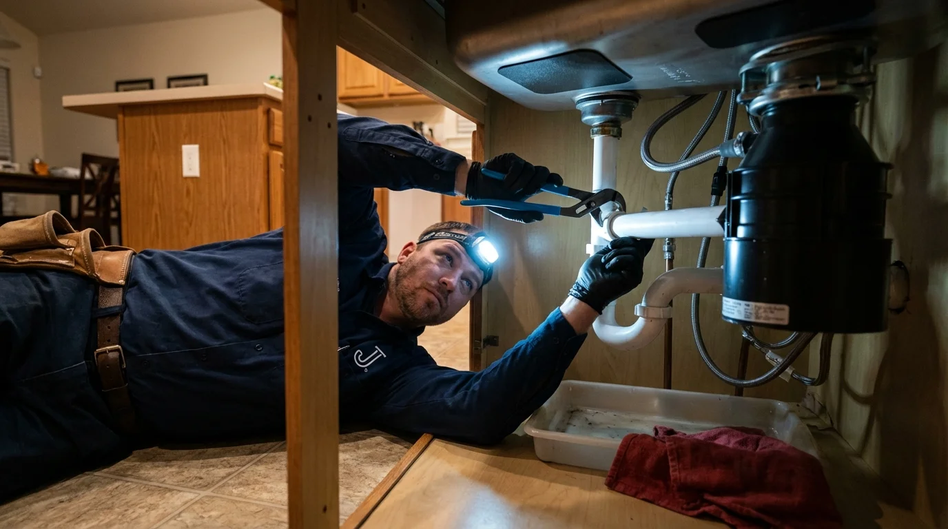 P-trap and supply line connections under a kitchen sink showing a common leak point in Greenville, AL